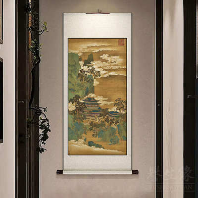 仙山楼阁图复古中式卷轴挂画竖版玄关装饰画客厅餐厅书房过道壁画
