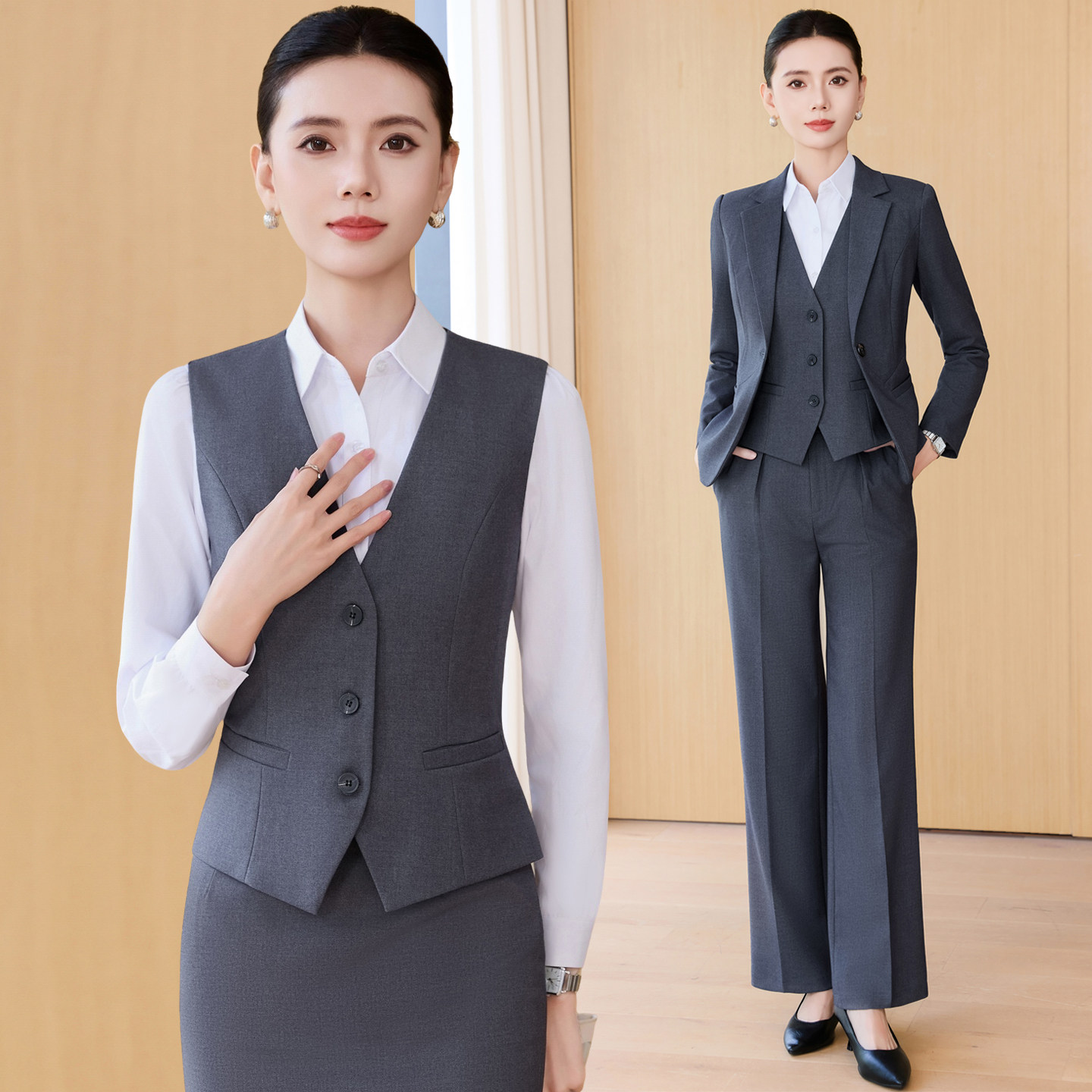 西装套装女春秋正装职业装工作服酒店经理物业西服工装灰色马甲