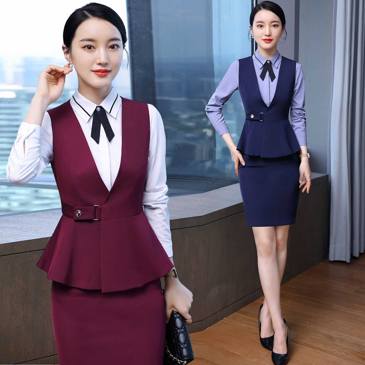 春夏长袖工作衬衫马甲西装套装女美容院服务员蓝色珠宝酒店前台