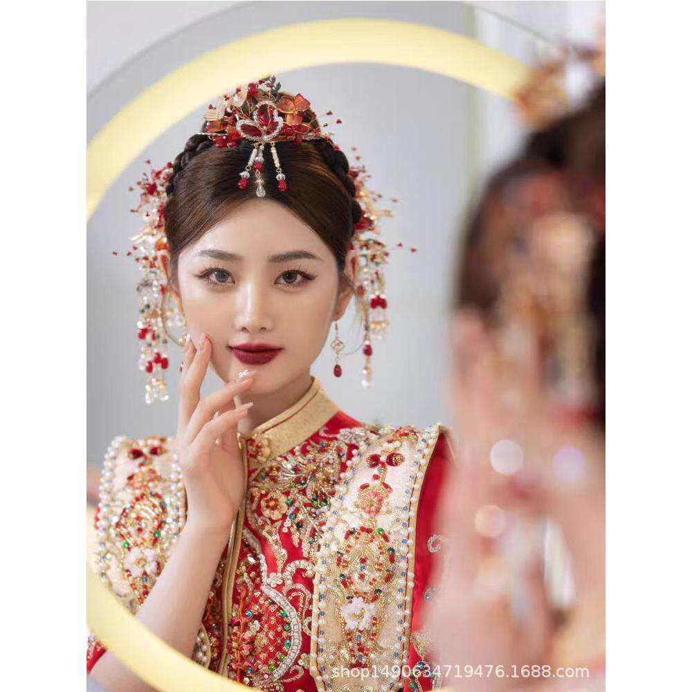 新款新中式婚礼凤冠霞帔红色发饰套装秀禾服新娘发簪流苏步摇头饰