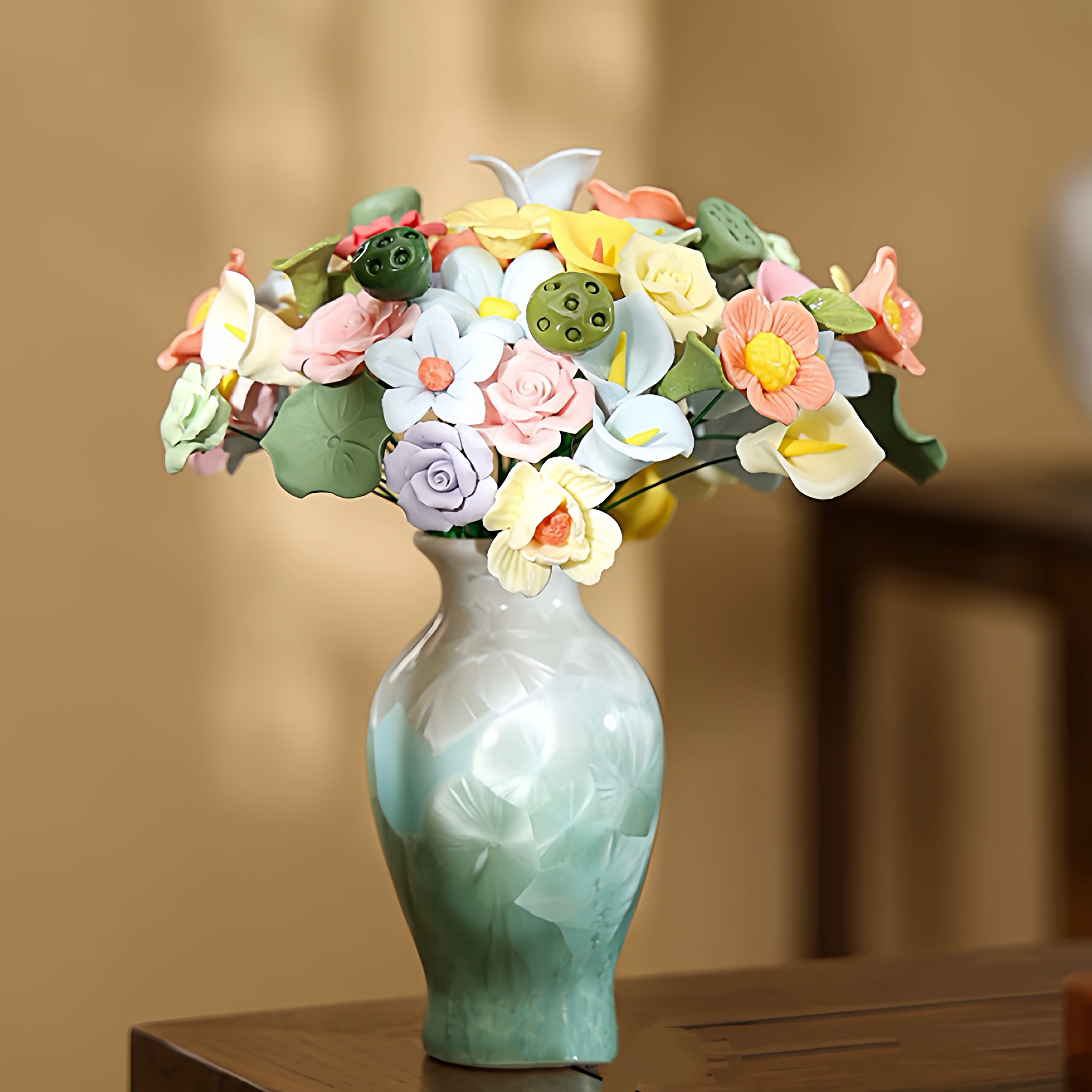 景德镇陶瓷小牡丹花枝传统工艺永生花仿真装饰插花瓶轻奢文创摆件