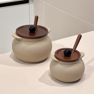 猪油罐家用陶瓷耐高温食品级日式粗陶双耳罐大容量固体调味罐带盖