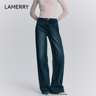 摩登复古百搭25秋冬新款 LAMERRY 朗美睿深蓝色定制水洗阔腿牛仔裤