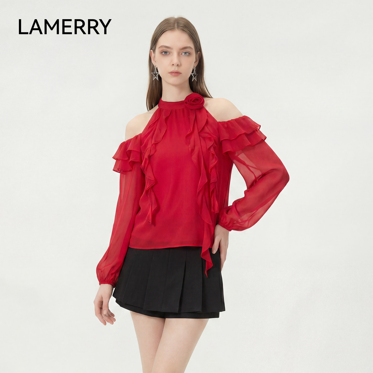 LAMERRY/朗美睿26夏红色上衣圆领露肩灯笼袖法式气质度假慵懒