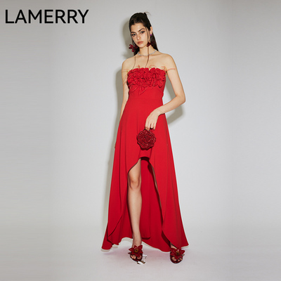 LAMERRY/朗美睿红色抹胸小礼服连衣裙前短后长设计感2025春夏新款