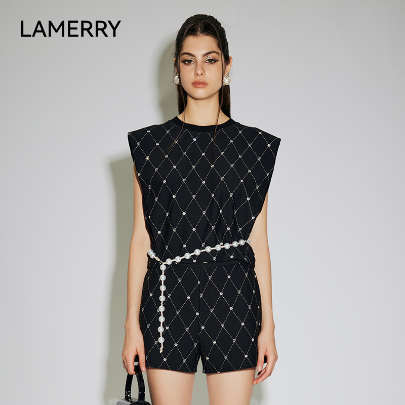 LAMERRY/朗美睿黑色菱形格印花无袖T恤女立体显瘦2025夏季新品