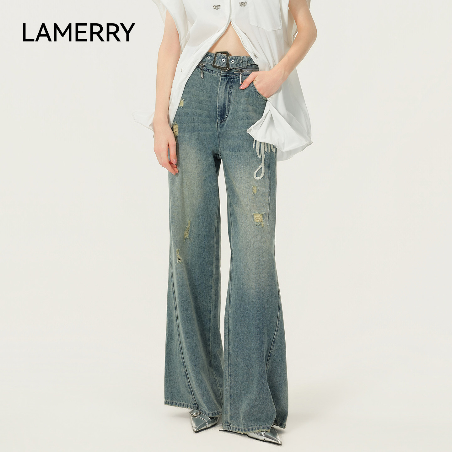 LAMERRY/朗美睿26夏蓝色牛仔长裤高腰阔腿破洞刺绣可调节腰带潮酷
