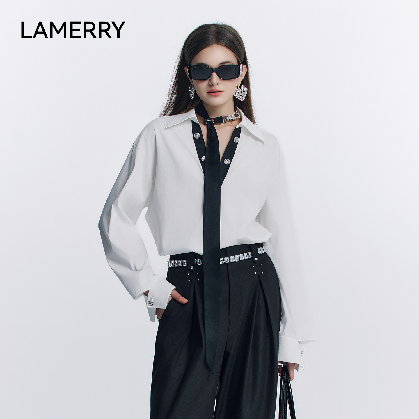 LAMERRY/朗美睿黑白撞色V领拼接衬衫上衣宽松落肩显瘦重磅松弛感