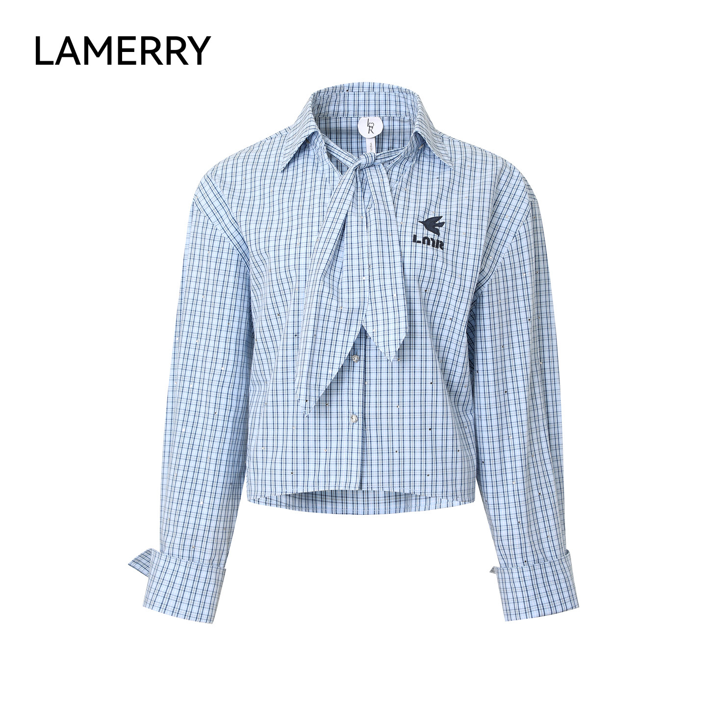 LAMERRY/朗美睿26春浅蓝色格纹衬衫女清秀文艺学院风绑带领结宽松