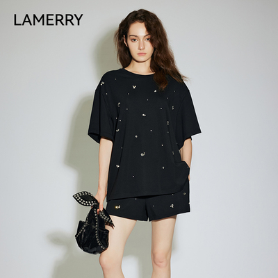 LAMERRY/朗美睿黑色oversized宽松T恤女藏肉显瘦上衣2025春夏新款