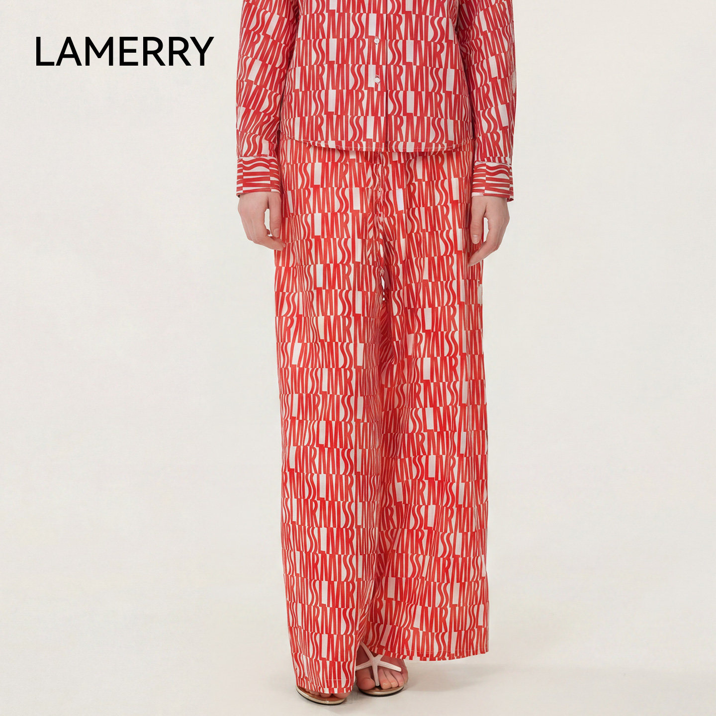LAMERRY/朗美睿26夏红白花色长裤女直筒阔腿抽绳松紧腰钻饰休闲