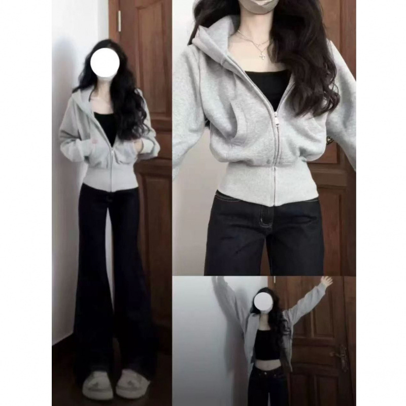 外套灰色短款卫衣女款2025新款秋冬季韩系修身收腰连帽上衣穿搭厚