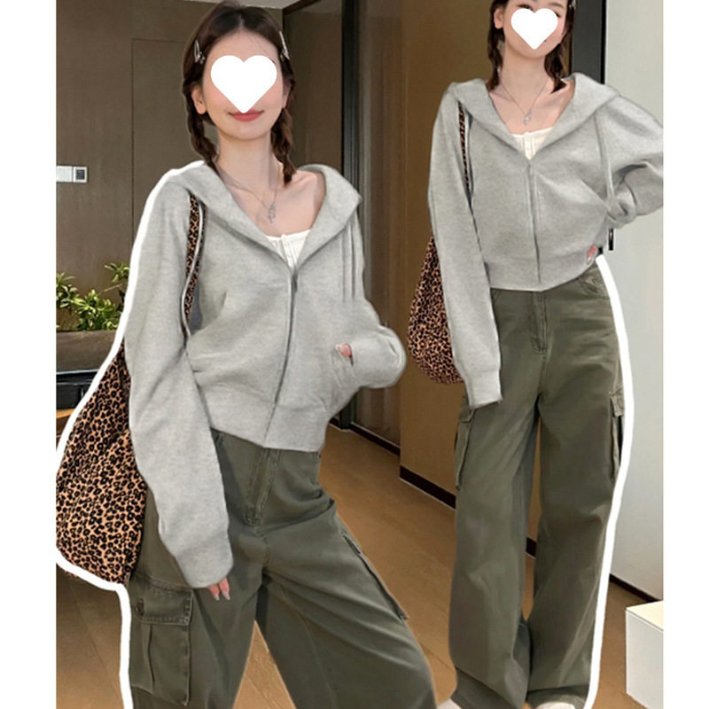 灰色短款连帽卫衣拉链外套女款秋修身小个子开衫薄款上衣秋冬穿搭