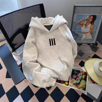 加绒连帽卫衣女秋冬加厚2025新款爆款白灰色宽松长袖春秋薄款上衣