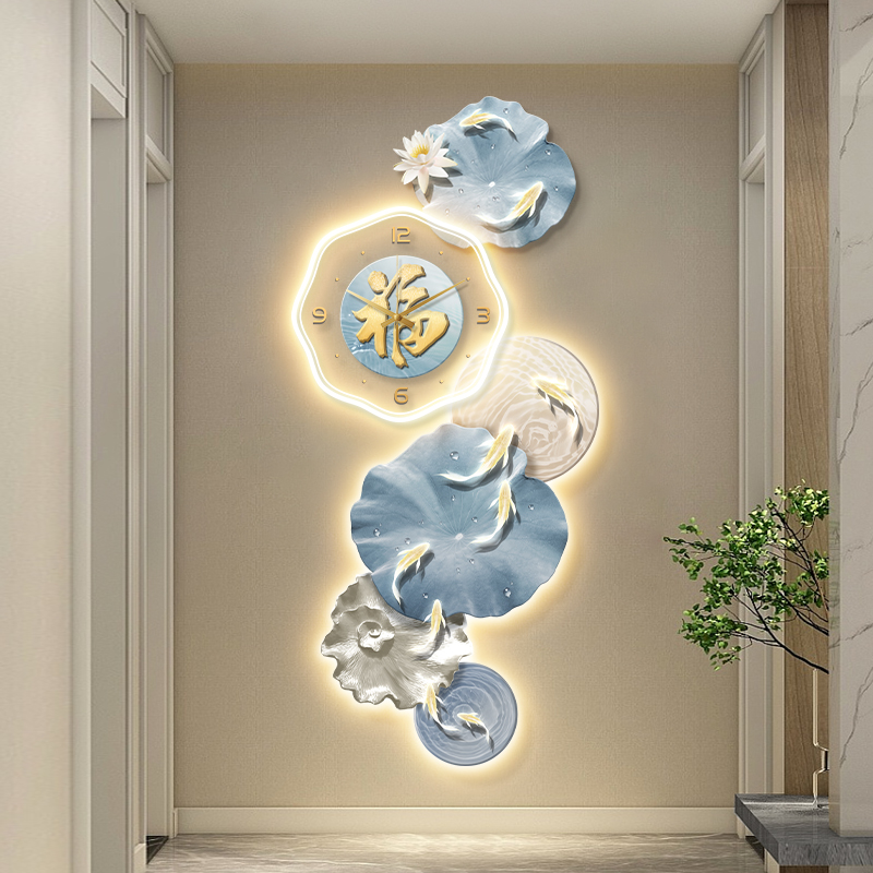 九鱼图玄关装饰画福字走廊过道挂画高级感荷花挂钟创意入户门灯画图片