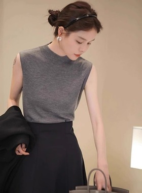 夏季新款半高领无袖T恤针织衫修身灰色内搭打底穿搭韩系背心上衣