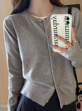 2024新款灰色针织开衫女秋季外搭高级感毛衣外套早秋薄款长袖上衣