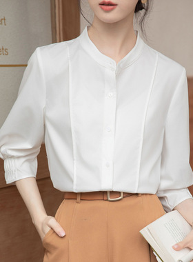 夏季法式风琴褶七分袖衬衫女2024新款蓝色立领设计感衬衣通勤职业