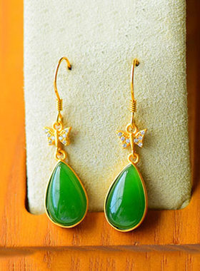 古风绿色耳饰仿和田玉碧玉耳坠玉石耳环女纯银耳钩小众新中式