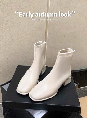 【sheii苏茵茵】首尔chic~韩国方头粗跟加绒弹力短靴女瘦瘦靴冬季