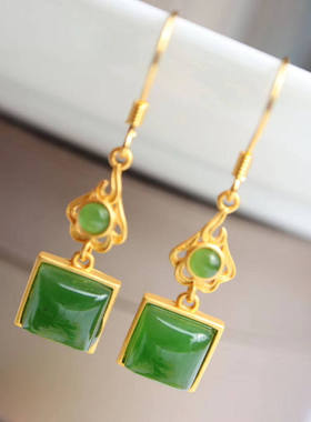 古法金碧玉小方块几何菱形耳坠清新祖母绿色古风耳勾女防过敏耳环
