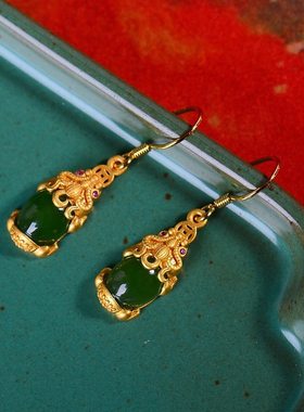 925银镀金貔貅青玉髓古风国潮宫廷风气质复古女士时尚百搭耳钉