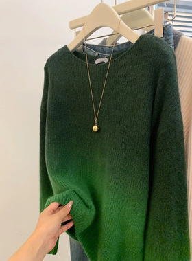 渐变绿色复古套头宽松毛衣外穿慵懒风高级感女士秋冬薄款针织上衣