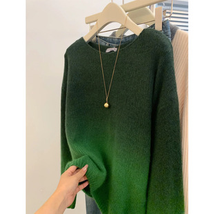 渐变绿色复古套头宽松毛衣外穿慵懒风高级感女士秋冬薄款针织上衣