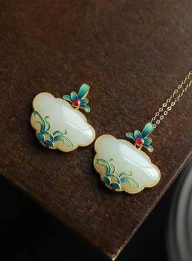 中国风老北京烧蓝纯银鎏金烧蓝玉兰花和田玉吊坠如意项链复古气质