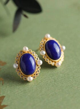 圣托里尼日落蓝色耳钉珍珠耳环2023年款仿青金石复古气质古典耳饰
