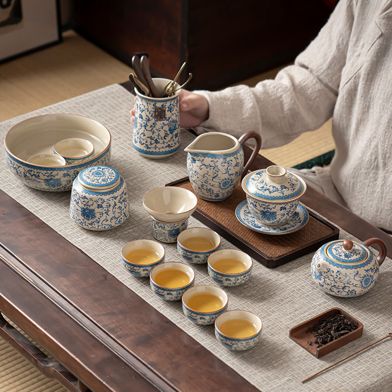 青花缠枝莲米黄汝窑功夫茶具套装陶瓷茶杯汝瓷可养开片整套礼盒装