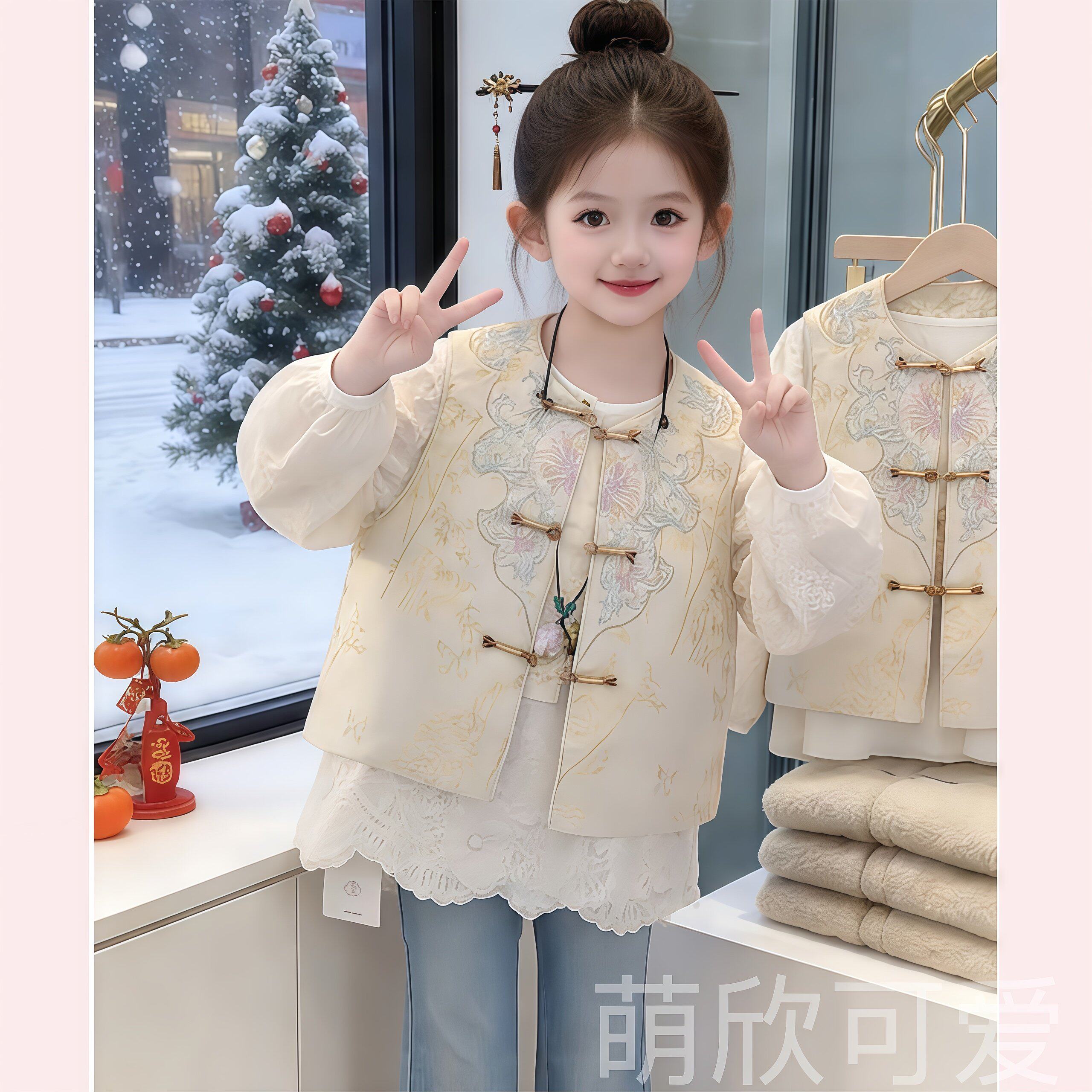 女童国风马甲2026春秋款小女孩新中式唐装提花盘扣背心坎肩洋气