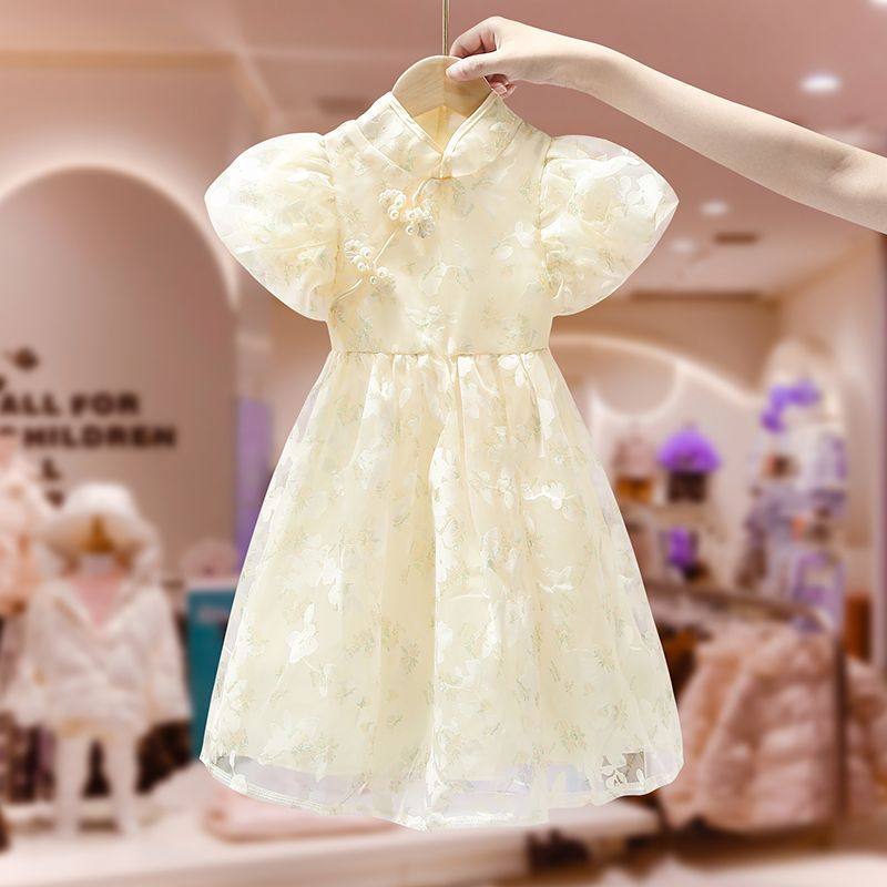 女童连衣裙2025夏季新款洋气儿童碎花旗袍汉服泡泡袖小女孩公主裙