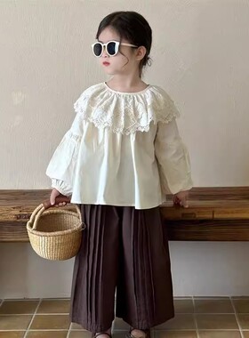 女童森系套装2025儿童春秋新款花边领长袖娃娃衫休闲裤洋气两件套