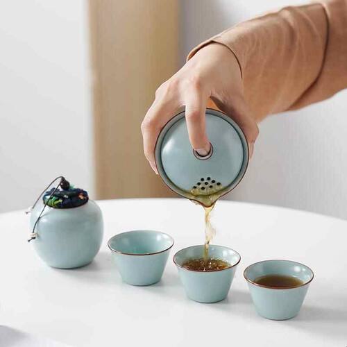 汝窑旅行功夫茶具小套装便携式户外露营快客杯一壶三杯随身泡茶壶