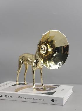 北欧创意个性小众动物金色喇叭狗雕塑摆件客厅玄关酒店家居装饰品