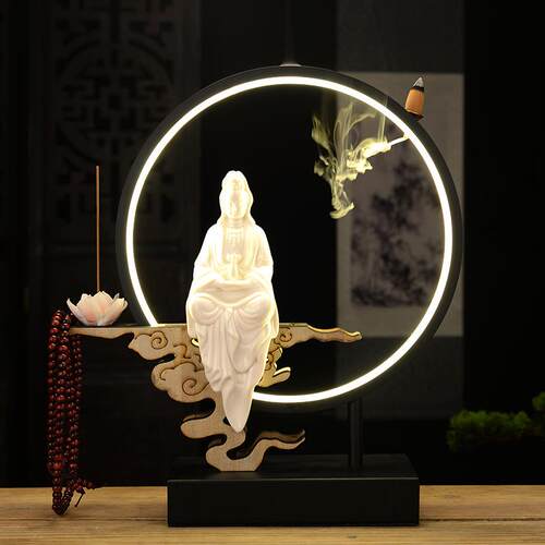 禅意灯观音菩萨陶瓷白佛像摆件创意家用客厅办公室装饰摆设工艺品