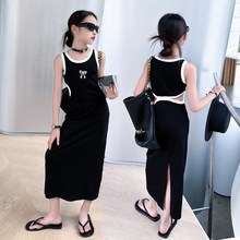 黑色显瘦慵懒风吊带连衣裙女童2024夏季休闲露腰S设计辣妹背心长