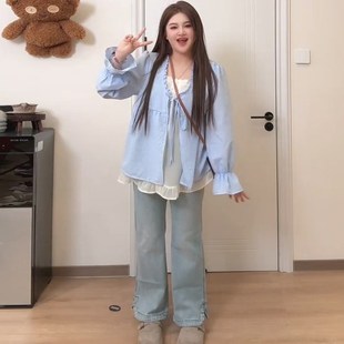 甜美风系带假两件娃娃衫 上衣胖mm2025早春新款 显瘦宽松.大码 女装