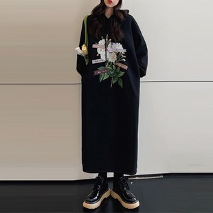 大码 过膝长 连帽卫衣连衣裙女秋冬季 加绒加厚口袋宽松显S瘦中长款