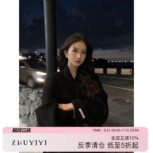收腰双排扣宽松高端过膝廓形毛呢外 黑色双面呢羊h绒大衣女中长款