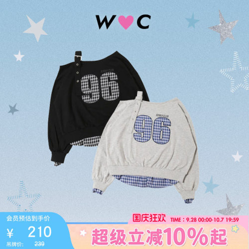 WC格纹拼接露肩卫衣长袖宽松外套26春夏新品WC26SP01-L0009