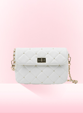 WEGO绗缝翻盖链条斜挎包单肩白黑色小包2025新款菱格包女