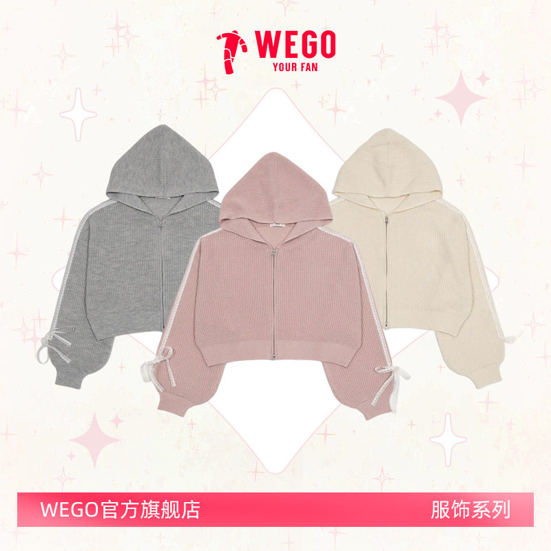 WEGO蕾丝缎面连帽针织卫衣长袖外套26春夏新款JS26SP02-L0001