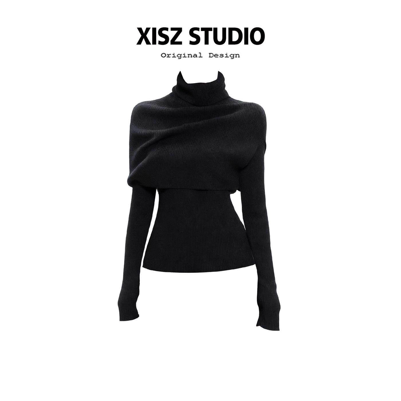 法式高领披肩针织衫女秋冬季修身显瘦打底衫内搭高级感黑色毛衣