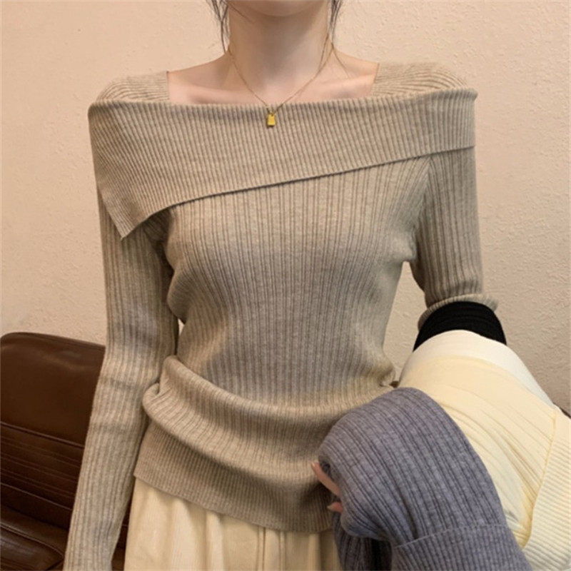 韩系方领一字肩长袖针织打底衫女春季百搭毛衣高级感显瘦修身上衣