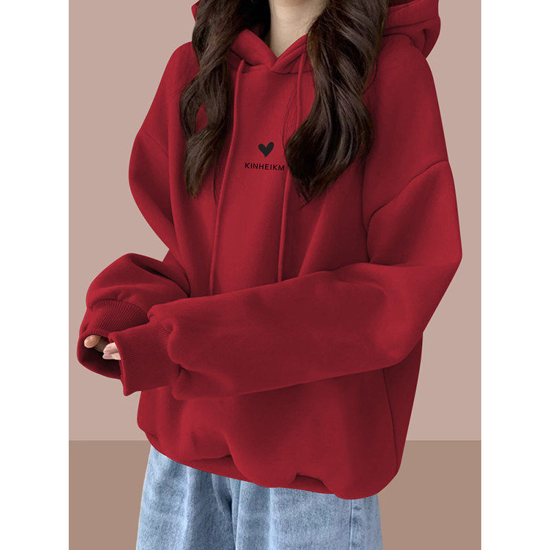 美式复古连帽卫衣女秋冬加绒加厚宽松显瘦慵懒风时尚简约通勤上衣