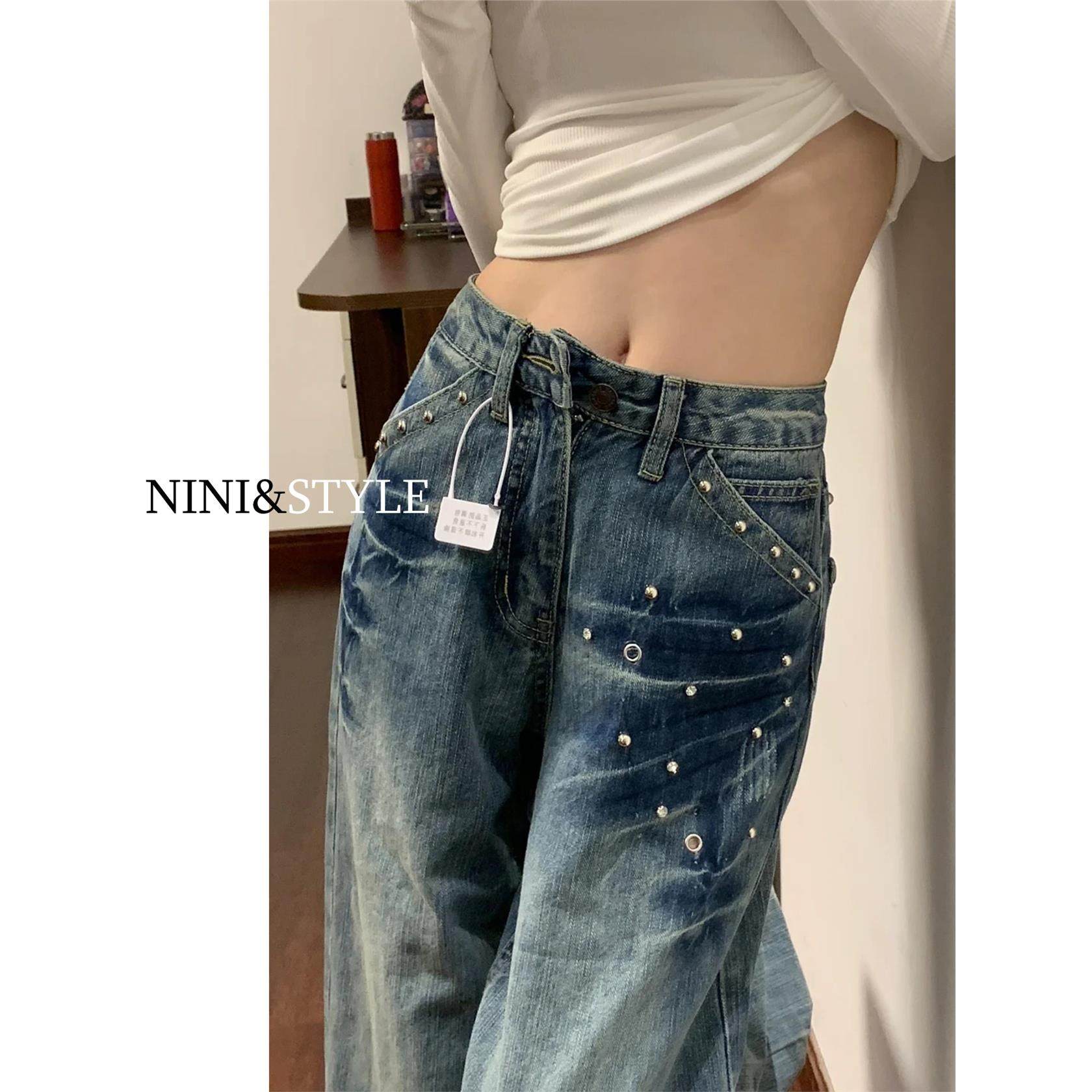 美式覆古加绒阔腿牛仔裤女2025秋冬新款钉珠高腰宽松显瘦直筒裤子,个性定制/设计服务/DIY,棉服工装,淘宝优惠券,粉丝福利购,淘宝优惠卷