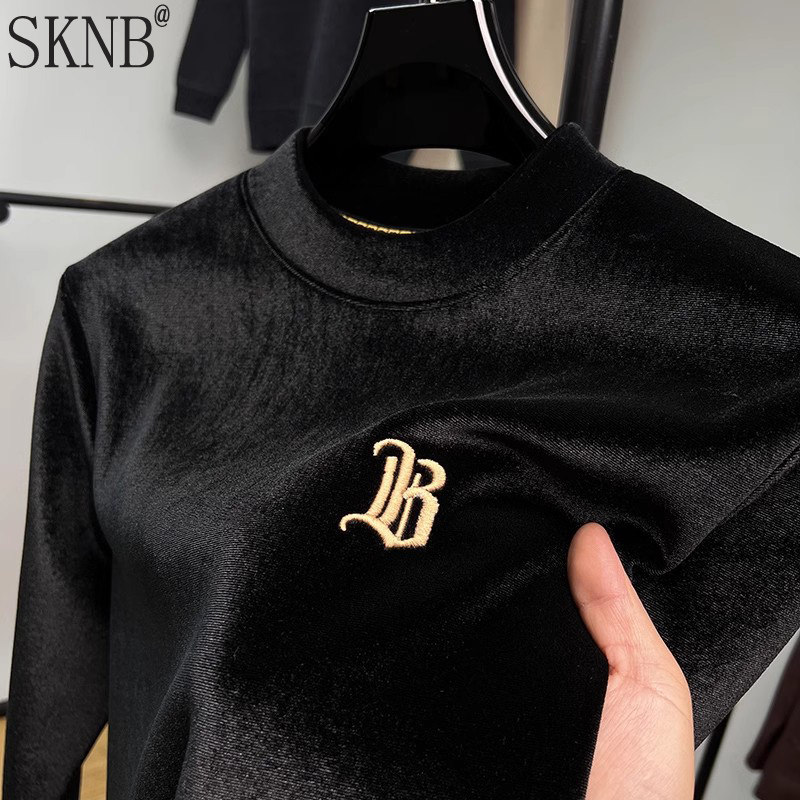 高端金丝绒卫衣男士冬季加绒加厚宽松中领保暖刺绣内搭打底衫男款