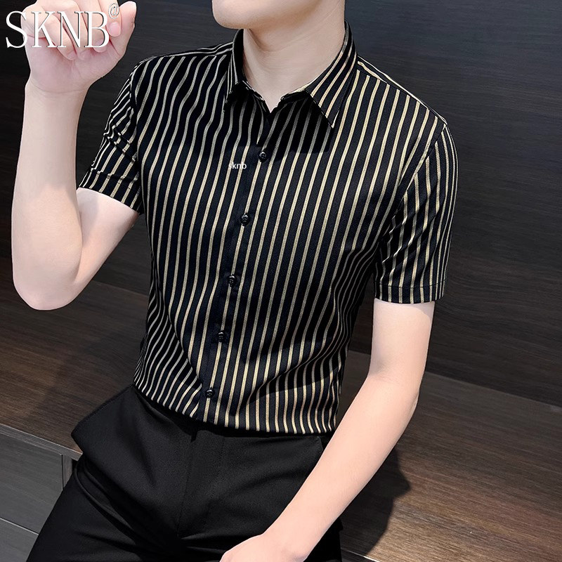 条纹男士短袖衬衫夏季2025新款冰丝百搭男装商务休闲T恤衬衣男款